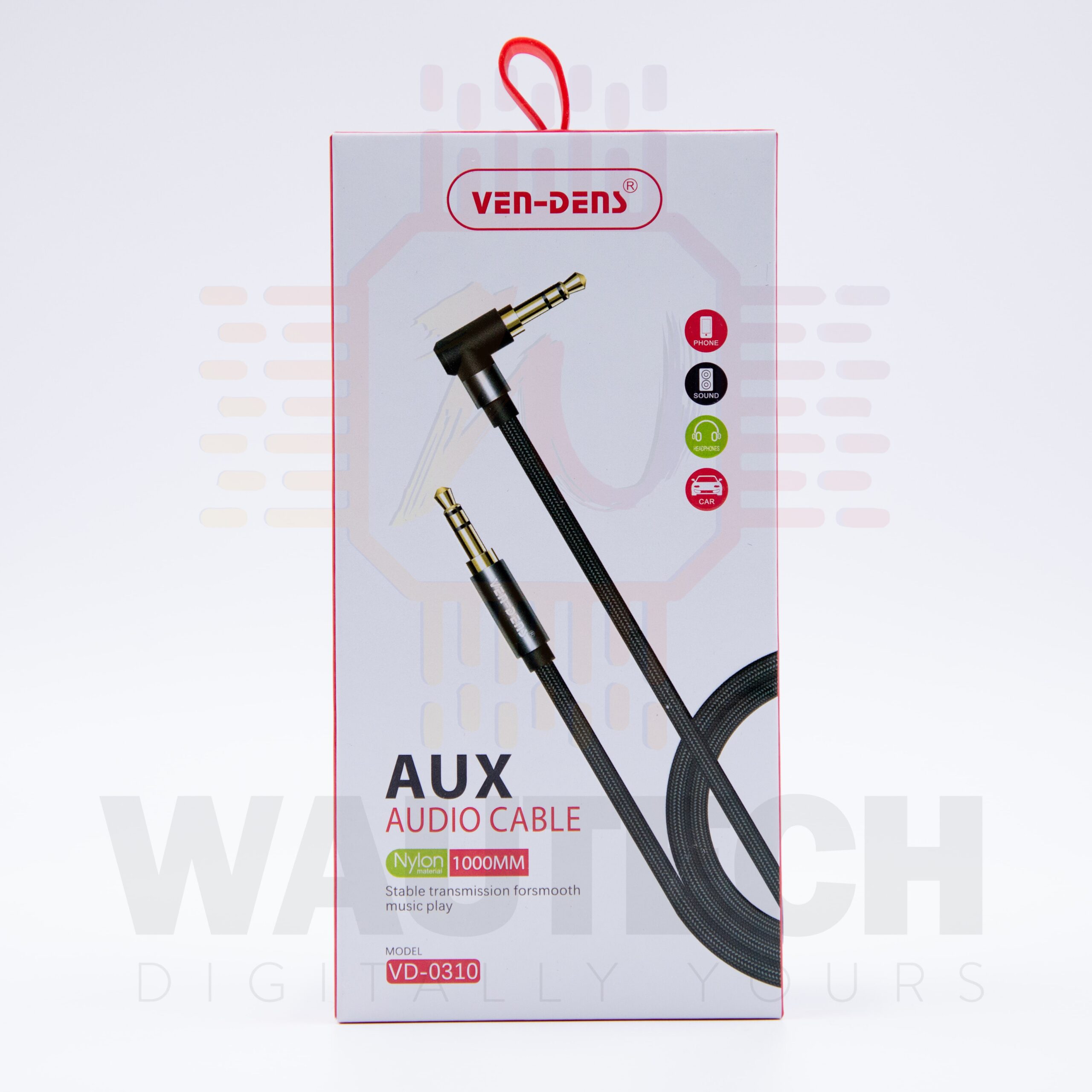 VEN-DENS 3.5mm to 3.5mm Jack AUX Nylon 1 Metre Audio Cable - Black1 - Wautech Peterborough