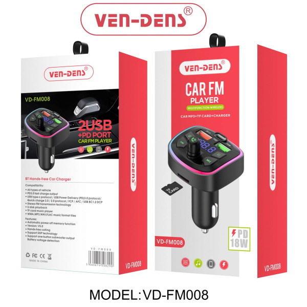 VEN-DENS Car FM Transmitter Music Player PD-18W 2USB + PD Port8 (VD-FM008)